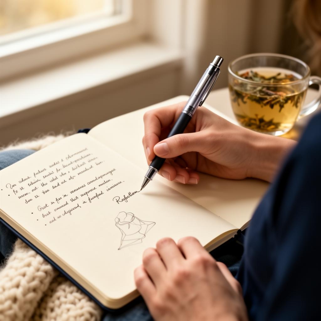 Dettaglio moderno di mani che scrivono sul quaderno con penna contemporanea, tisana e plaid sullo sfondo per un tono più caldo ed emotivo